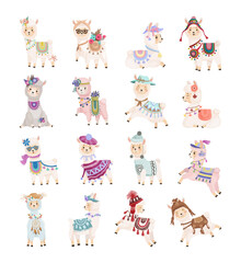 Collection of cute llama characters in boho style. Children's illustrations. © Marina