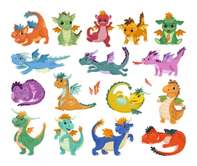 Deurstickers Draak Verzameling van schattige draken in cartoon-stijl. Illustraties voor kinderen.