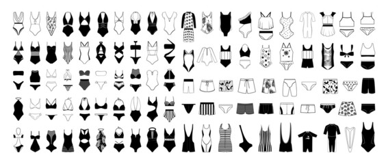 A collection of swimwear, bikinis and swimming trunks for men, women and children. Black and white illustrations of various models of swimsuits.