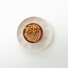 chocolate cake in a saucer on a white background