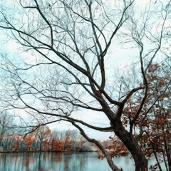 Digital landscape view oil painting with real brush strokes effect. Contemporary impressionism mixed style wall art print. Travel nature scene. Vacation postcards wall art print design beauty artwork.