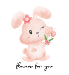 cute bunny rabbit girl smile face flowers for you cartoon watercolour vector, baby bunny