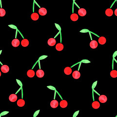 Cherry. Seamless pattern. Watercolor illustration. Isolated on a black background. For your design.