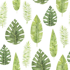 Seamless pattern with tropical leaves on white background. Watercolor hand drawn texture with exotic plants