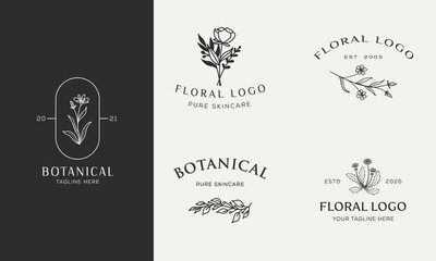 Set of Botanical Floral element Hand Drawn Logo with Wild Flower and Leaves. Logo for spa and beauty salon, boutique, organic shop, wedding, floral designer, interior, photography, cosmetic.