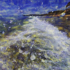 Digital landscape view oil painting with real brush strokes effect. Contemporary impressionism mixed style wall art print. Travel nature scene. Vacation postcards wall art print design beauty artwork.