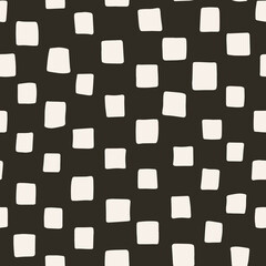 Irregular rectangle cartoonish seamless repeat pattern. Abstract, hand drawn vector geometrical shapes all over surface print on black background.