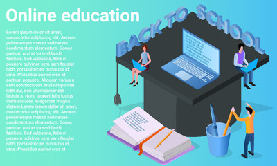 Online education. Students are preparing to return to school. Distance learning.Poster in business style.Flat vector illustration.