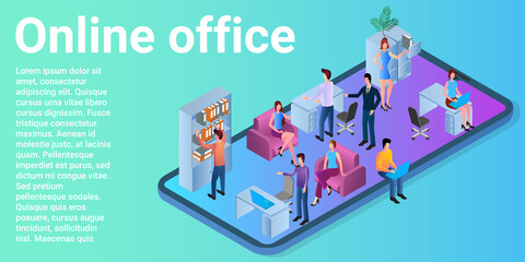 Online office.Using the app on a smartphone for remote work.Programs that help office workers..Poster in business style.Flat vector illustration.