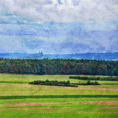 Painting on canvas beautiful travel landscape. Nature view wall art print oil mixed paint modern art. Large size drawing illustration. Touristic place wallpaper.