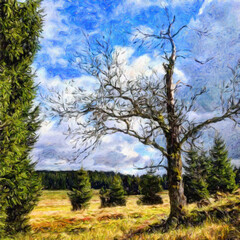 Obraz premium Painting on canvas beautiful travel landscape. Nature view wall art print oil mixed paint modern art. Large size drawing illustration. Touristic place wallpaper.