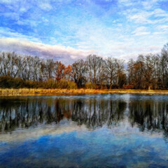 Fototapeta premium Painting on canvas beautiful travel landscape. Nature view wall art print oil mixed paint modern art. Large size drawing illustration. Touristic place wallpaper.