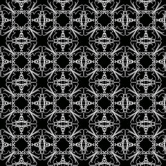 Abstract geometric pattern. Seamless white ornament on a black background. Fashionable design of background, template, fabric, textile, wallpaper, packaging.