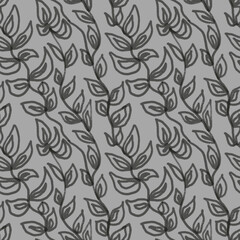 Seamless pattern of twigs with leaves on a gray background, hand-drawn. Design of template, wallpaper, background, fabric, textiles, packaging.