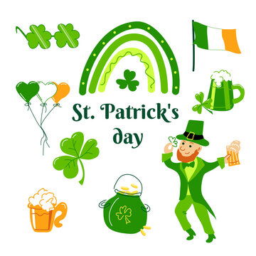 A set of green symbols for St. Patrick's Day. Beer, glasses, clover, rainbow and a pot of gold. Vector illustration