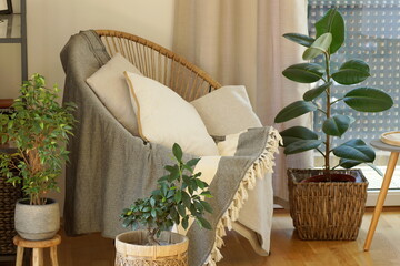 View of a cozy reading corner with a seat surrounded by potted tropical plants