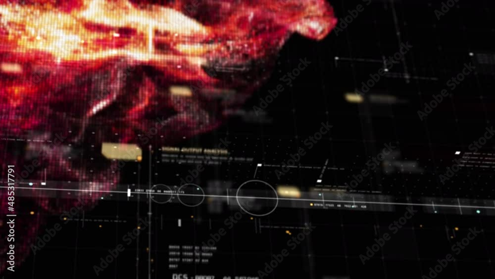 Aufkleber Abstract de-focus flowing matrix data, telemetry and encrypt numbers display with exploding particles simulation for head up display in cyber space environment background