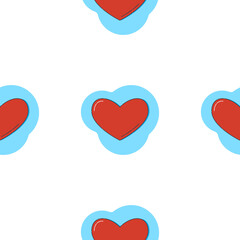 Line art seamless pattern in the form of a red heart on blue figure. Romance graphic texture. Holiday celebration concept. Decorative print. Geometric bright wallpaper. Black contour line