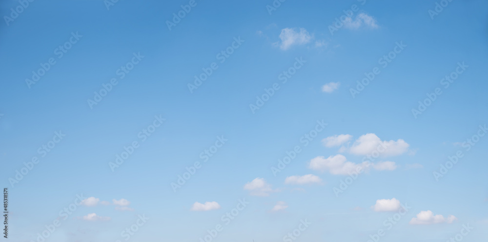 Wall mural light blue sky background with some floatiing single cumulus clouds at the bottom half