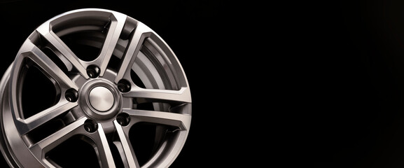alloy wheel, shiny white-gray on a black background close-up, panoramic layout empty space copy...