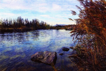 Painting on canvas beautiful travel landscape. Nature view wall art print oil mixed paint modern art. Large size drawing illustration. Touristic place wallpaper.