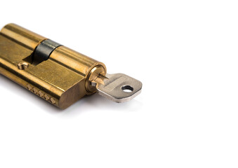 Cylinder lock with a key on a white background