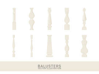 Collection of stone or marble balusters. Decorative and architecture elements. Palace or castle fence. Balcony handrail and protection from falling. Vector illustration
