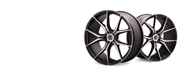 forged new alloy wheels on a blue white background. cool sports wheels wheels with thin spokes auto tuning light weight, tire shop or motorsport design panoramic photo copy space isolate