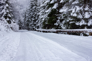 Beautiful snowy alpine landscape surrounded by spruce forest in Filzmoos, Austria