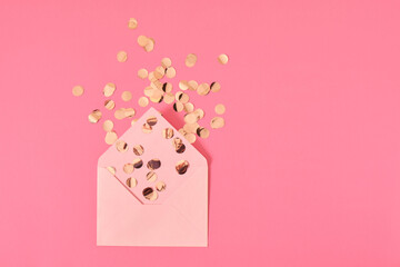 golden confetti pink paper blank envelope on a pink background, congratulation concept