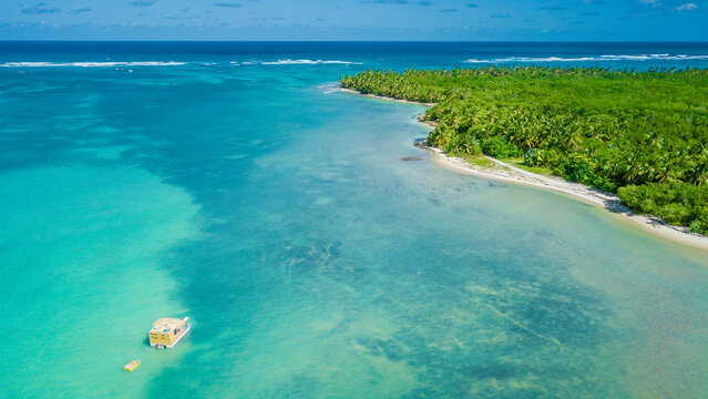 Aerial view of beautiful Bavaro beach in Punta Cana, Domincan republc. Hot sunny day on tropical beach full of palms.