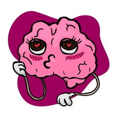 Brain character in love doodle vector illustration isolated on white background