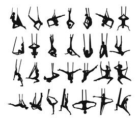 Fototapeta na wymiar Collection of black silhouettes of girls doing aerial yoga. Character shadow illustrations.