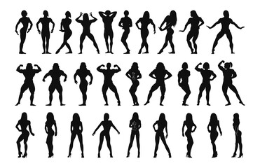 Fototapeta premium Collection of black silhouettes of female bodybuilders. Character shadow illustrations.