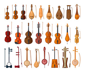 Collection of bowed string instruments in detailed style. Musical instruments.