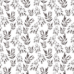 Obraz premium Watercolor black and white seamless pattern with plants and beetles
