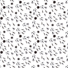Watercolor black and white seamless pattern with plants and beetles