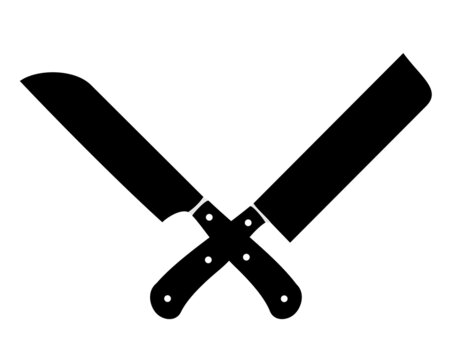 Crossed cleavers knives. Vector illustration. Chopping kitchen tools cross black icons, Cleaver knife stamping, lumberjack and butcher cooking logo graphics. black silhouette