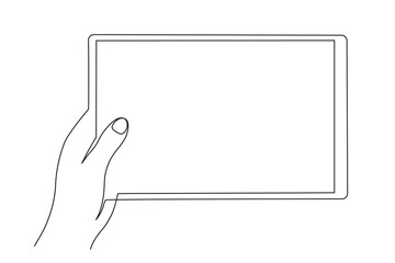 Hand holding tablet, one line art, hand drawn continuous contour.Template, mock-up of empty touch screen. Space for your image or text. Editable stroke, minimalist design.Isolated. Vector illustration