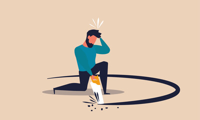 Business self sabotage and idiot mistake to lost job. Failure and stress people finance vector illustration concept. Stupid person and problem bankrupt. Man with frustration and cutting self hole - obrazy, fototapety, plakaty