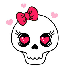 Cute skull with bow vector illustration isolated on white background. Skull emoticon. Bones vector. Skull clipart. Mystical occult object. Cute witchy illustration. Girly T-shirt design