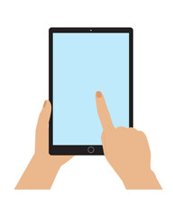 Hands holding tablet.Template, mock-up of empty touch screen. Space for your image or text. Flat style,minimalist design.Isolated. Vector illustration