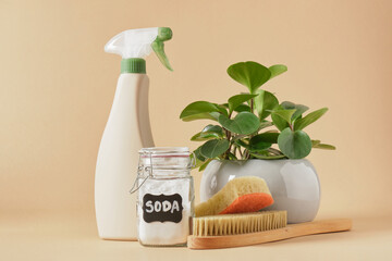 eco cleaning concept, cleaning using non-toxic products, a can of soda, a spray bottle with an eco...