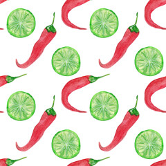 Colorful watercolor food pattern, chili pepper and lime slice on white background. Seamless pattern in Mexican style.
