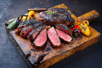 Traditional barbecue dry aged wagyu rib-eye beef steaks served with paprika and zucchini as close-up on an old rustic wooden board