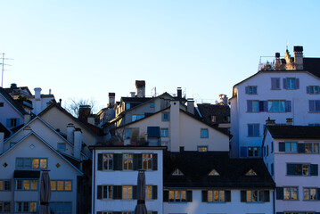 Facades of historic houses at the old town of Zürich on a sunny winter day. Photo taken February 5th, 2022, Zurich, Switzerland.