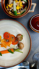 Top down view of organic food on plates
