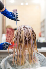 Hairdresser is dying female hair. Hands in glives with brush, coloring in hair salon. - obrazy, fototapety, plakaty