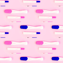 Different types of new pregnancy tests repeat seamless pattern on light pink background.