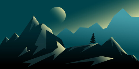 mountain night landscape with a lonely tree in dark blue shades with a yellow full moon vector illustration